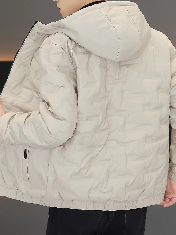 

Men's Thiened down Cotton Jaet Winter Warm Hat Coat Youth Faion Zipper Closure Long Sve Regular Fit Pure Color