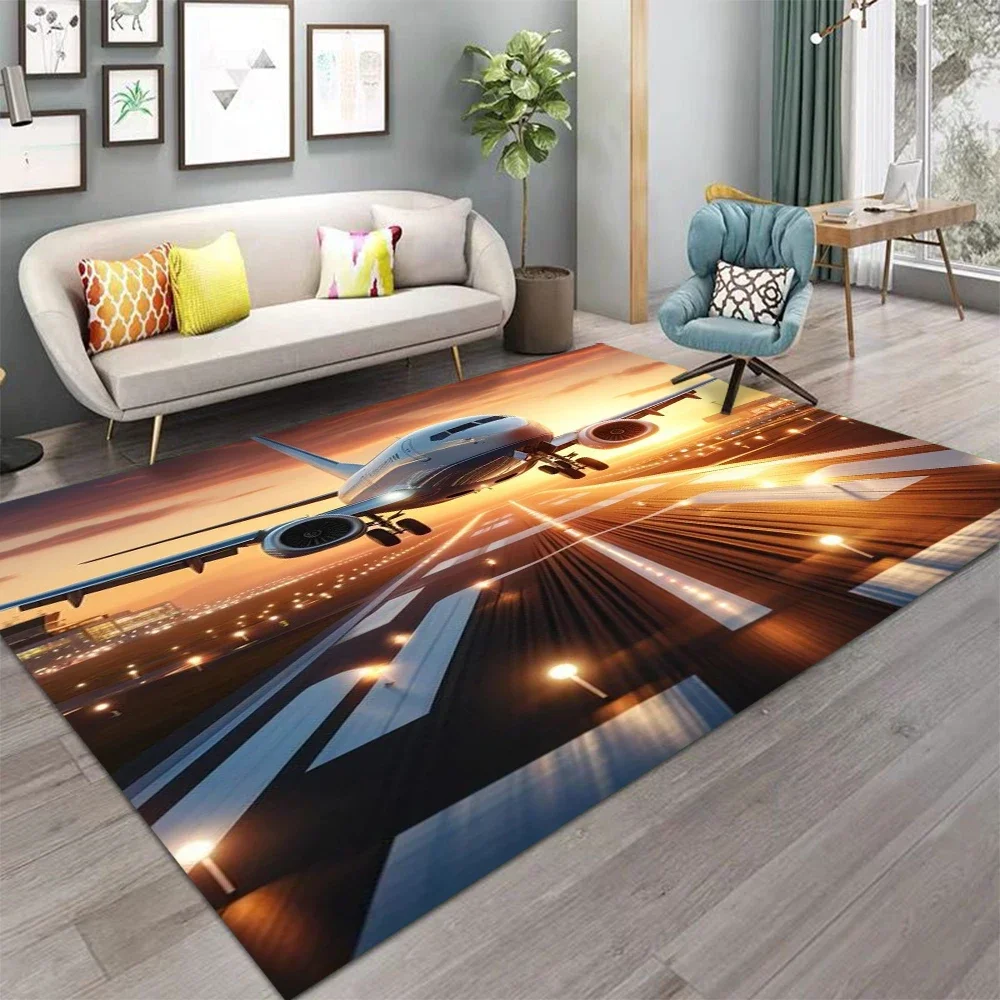 Airport Runway Carpet 3D Airplane Takeoff Design Sunset Cityscape Pattern Non Slip Large Area Rug for Modern Living Room