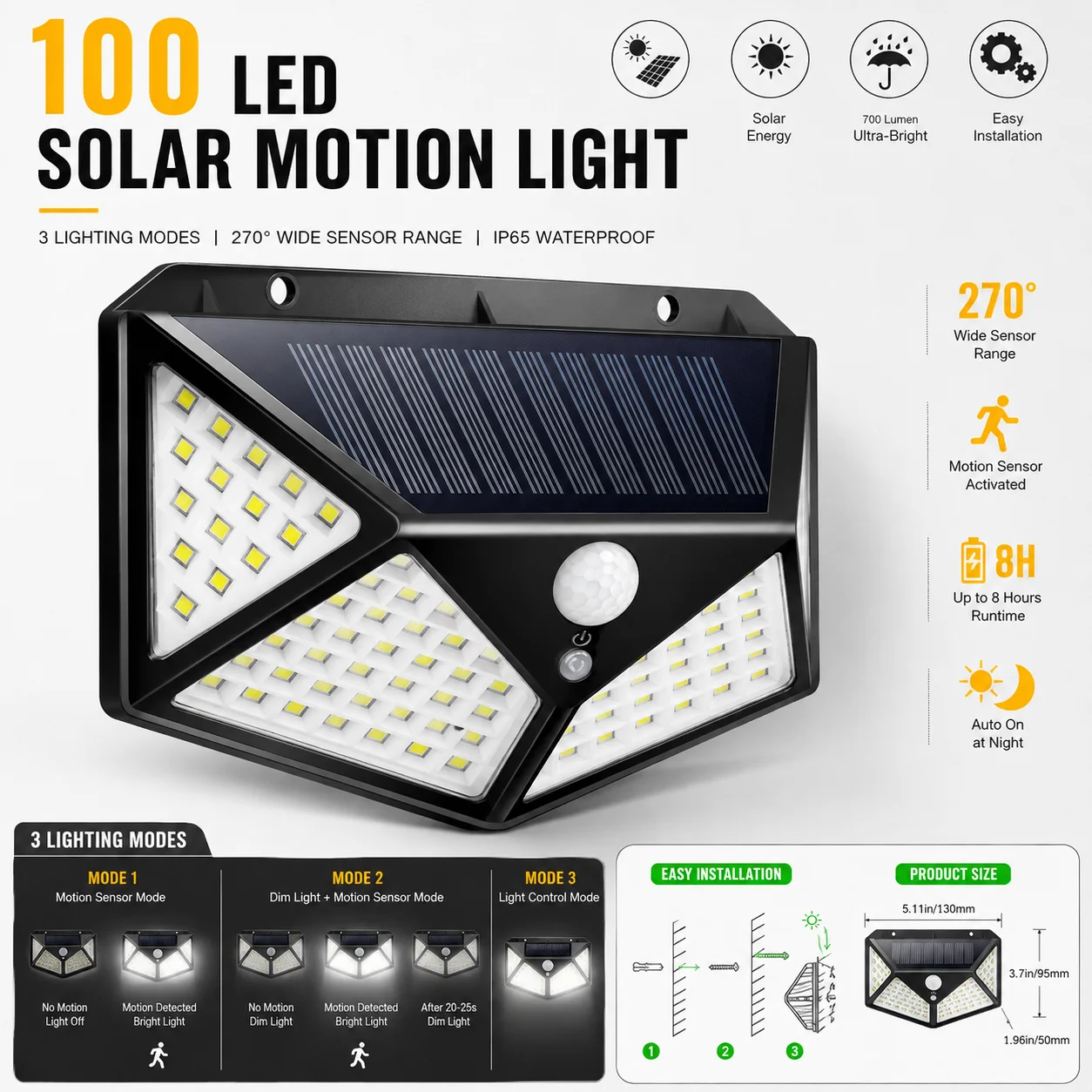 100 LED Solar Motion Sensor Wall Light IP65 Waterproof Outdoor Security Lamp for Garden Yard Patio Garage