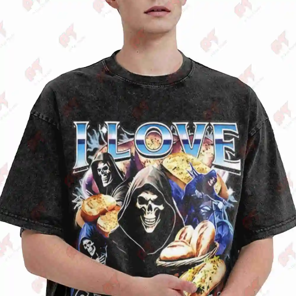 Gothic I Love Garlic Bread Skull Vintage Washed Tee Pure Cotton T-Shirt