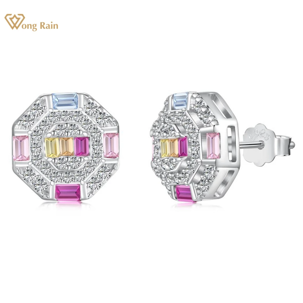 

Wong Rain 100% 925 Sterling Silver Colorful Hexagon Lab Sapphire High Carbon Diamonds Gemstone Stud Earrings for Women Jewelry