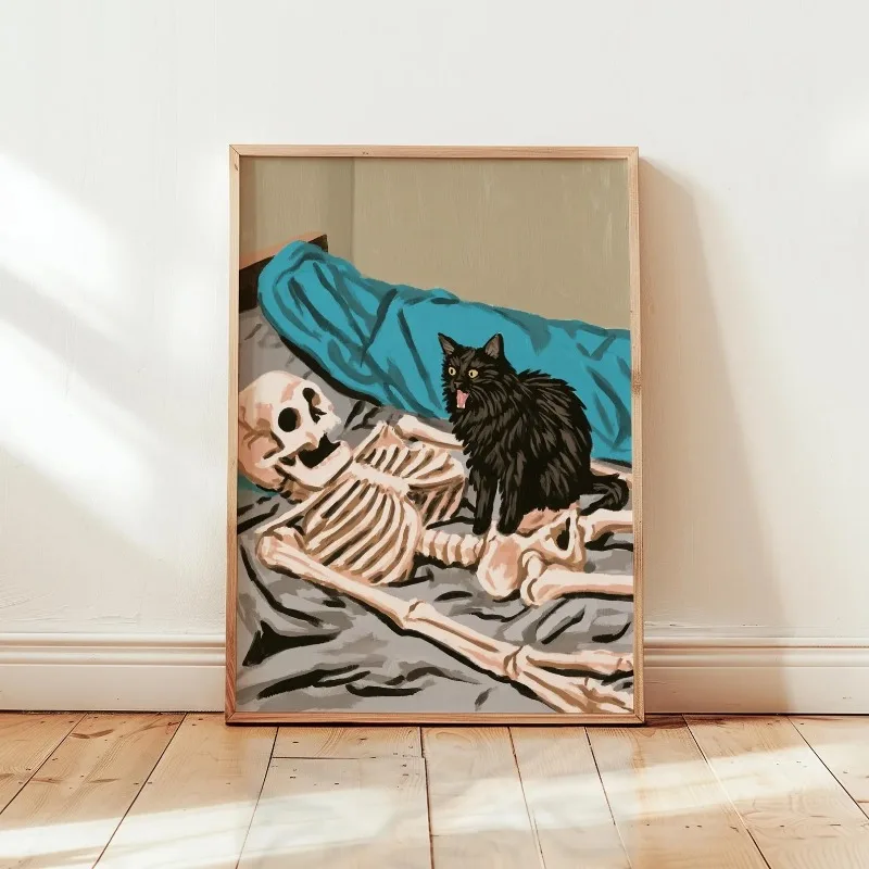 Vintage Art Skeleton on Bed Surprised Black Cat Funny Gothic Halloween Canvas Poster Prints Frameless Wall Art Decorations