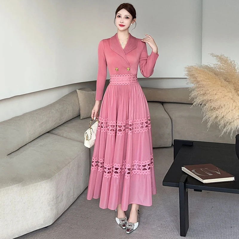 ANLAN New Miyake Women's Pleated Dresses Suit Collar Elegant Long Sleeve Patchwork Lace Hollow Waist Slimming Long Dress 3AN1756