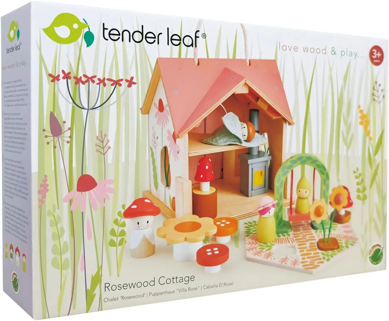 Tender Leaf Toys - Rosewood Cottage - Portable Furnished Wooden 2-Story Dollhouse Set With Handle, 4 Pcs Miniature Toadstool