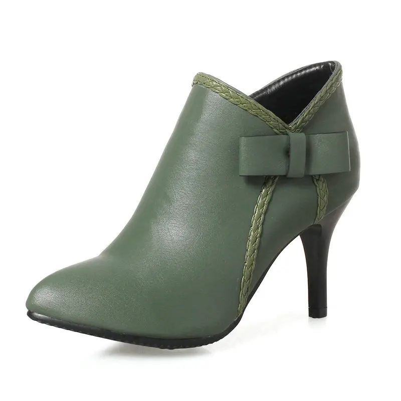 

Olive Green Pointed Toe Spike Thin High Heels Shoes Big Size 52 54 53 with Bowtie Knot Ankle Short Stiletto Heel Boots Bootie