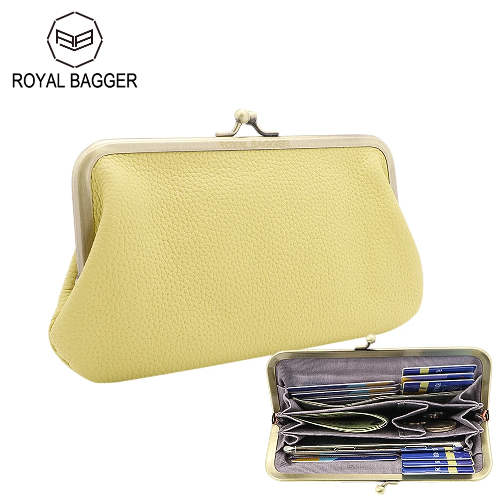 

Royal Bagger Clutch Purses for Women Genuine Cow Leather Coin Purse Card Holder Fashion Casual Kiss Lock Phone Wallet 1516