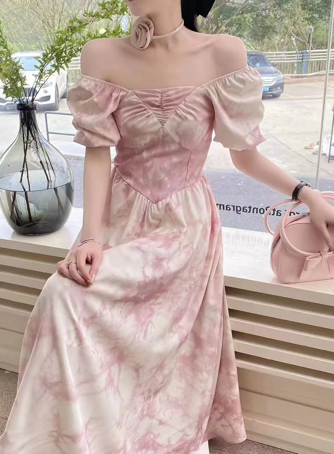 

Women Pink Printed Puff Sleeve Square Collar Long Dresses Summer Elegant Birthday Dress 2024 Korean Fashion Vintage Vestidos