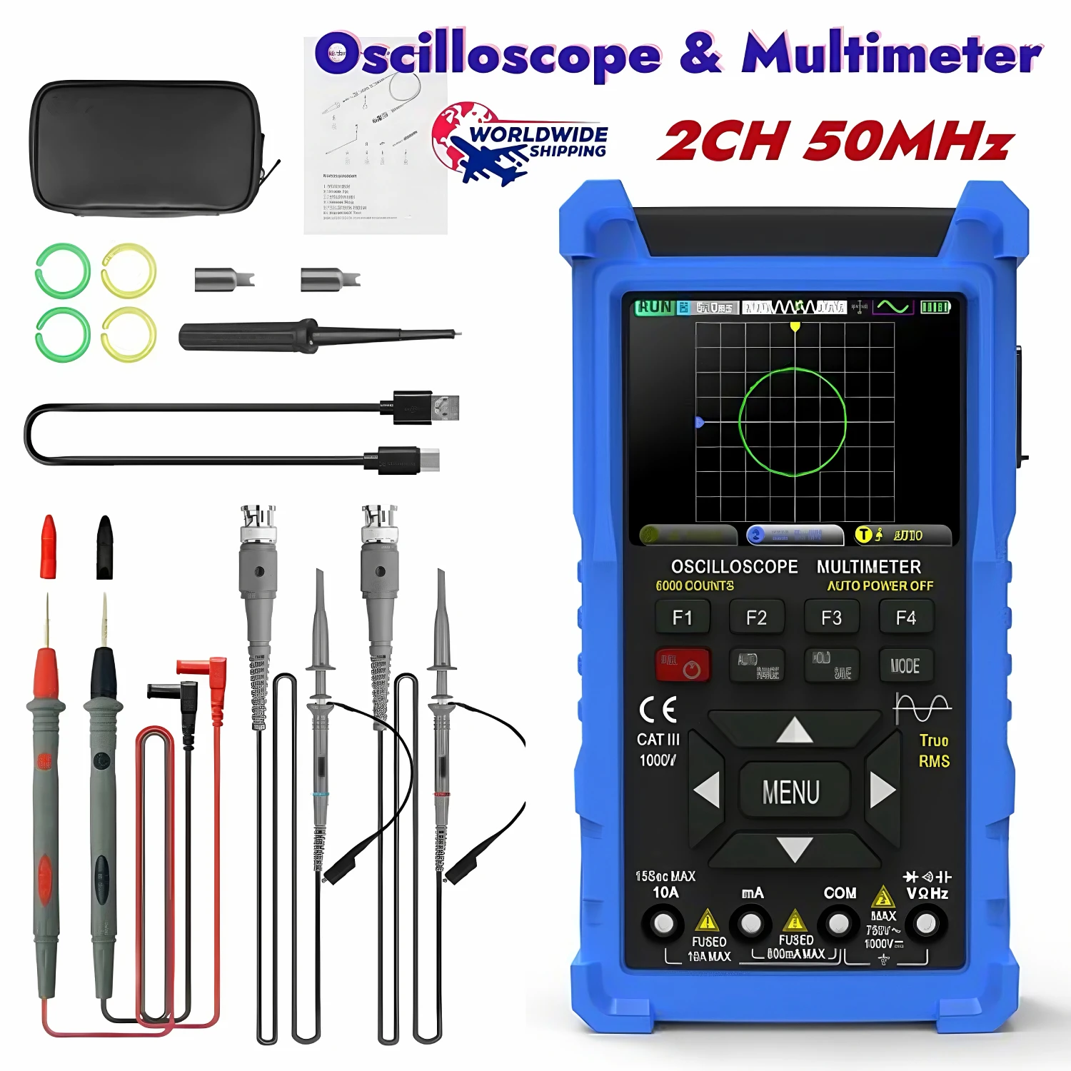 

3 in 1 Oscilloscope Multimeter, Handheld Signal Generator, 50MHz Lab Oscilloscopes with 2 Channel, 200M/280MSa/s, USB C Voltage