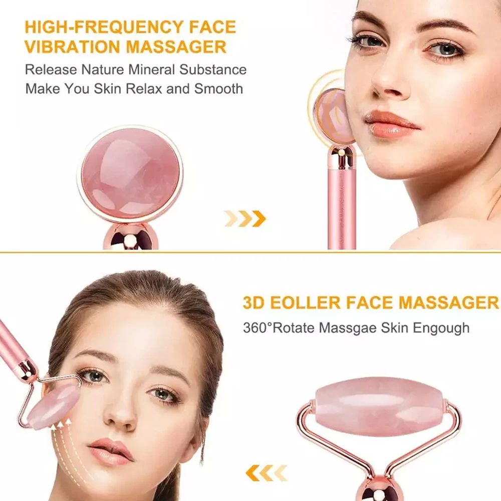 Electric Rose Quartz Facial Massager Roller 4 In 1 Vibrating Quartz Roller Face Body Massage Skin Care Beauty Face Lift Tools