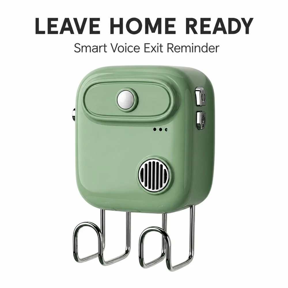 Smart Exit Reminder with Custom Voice Recording PIR Motion Sensor Key Hooks for Home Door Elderly Daily Leaving Prompts