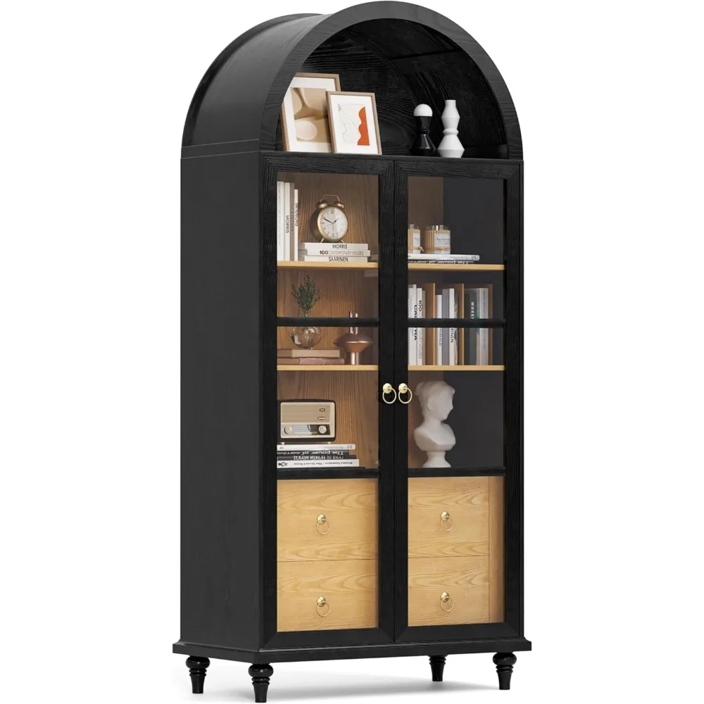 

71 Tall Arched Pantry Cabinet, Storage Cabinets with 2 Large Drawers and 3 Shelves, Wood Bookshelf, Modern Farmhouse Cup