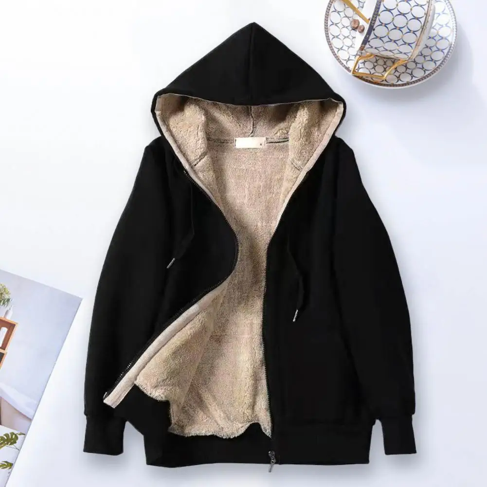 

Women Hoodie Solid Color Fleeced Lined Hooded Coat Spring Autumn Loose Drawstring Female Outwear Streetwear