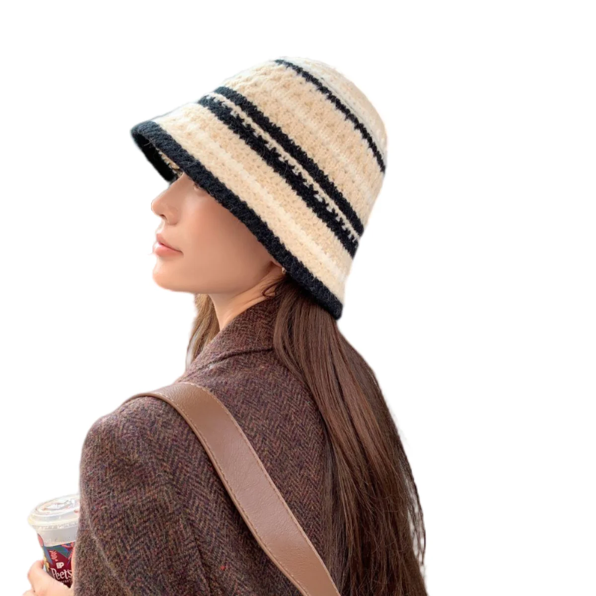 New Winter Colorful Stripe Knitted Bowl Hat for Women Casual Korean Decoration Foldable Sun Visor Hat Face Bucket Hat Panama Cap