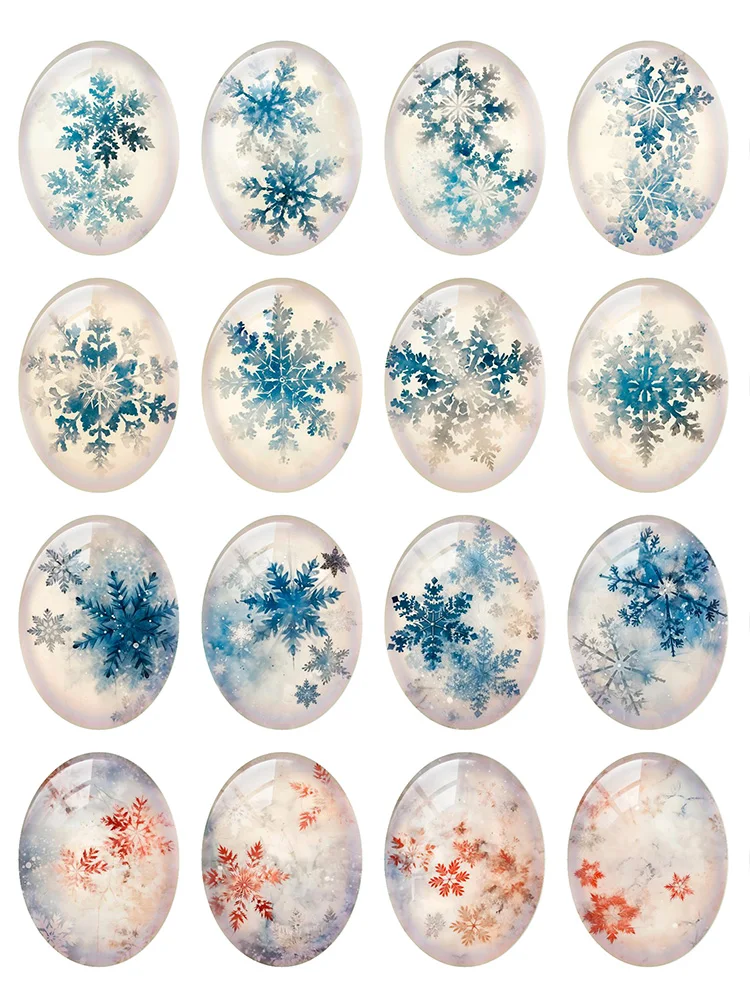 10pcs/lot Christmas X-mas Blue Snowflakes Winter Snow Flower Oval Photo Glass Cabochon Flatback Demo Cameo Diy Jewelry Making