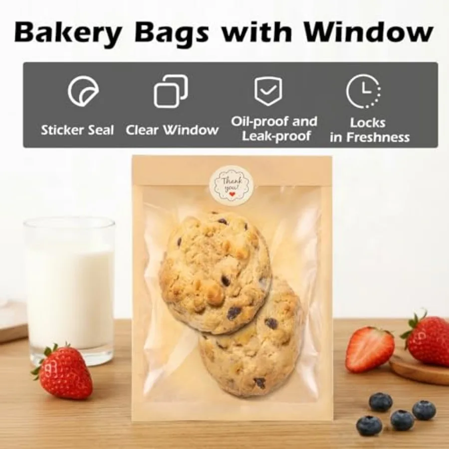 00 Pack Cookie Bags with Window, 5."x7.5" Paper Oil-proof Bakery Bags, Kraft Heat Sealable Cookie Packaging Bags for Gift Givin view 3