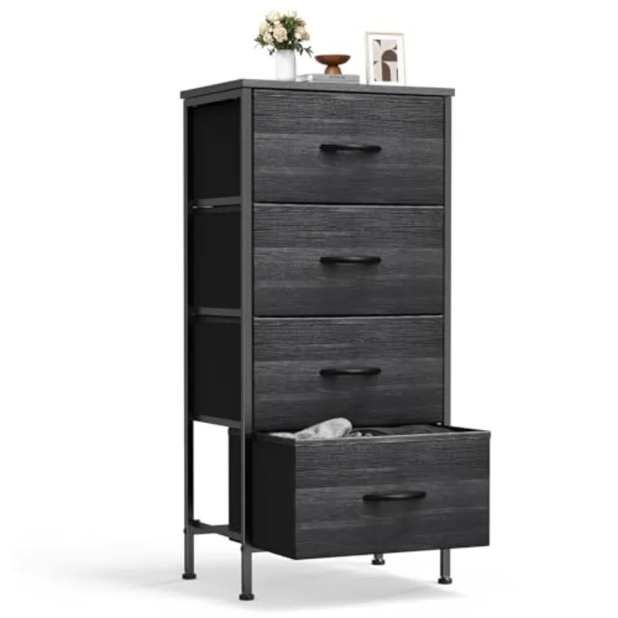 Nightstand Small Bedroom Dresser with 4 Fabric DrawersBed Side Furniture End Table Wooden Top Cabinet Night Stand Dresser for C