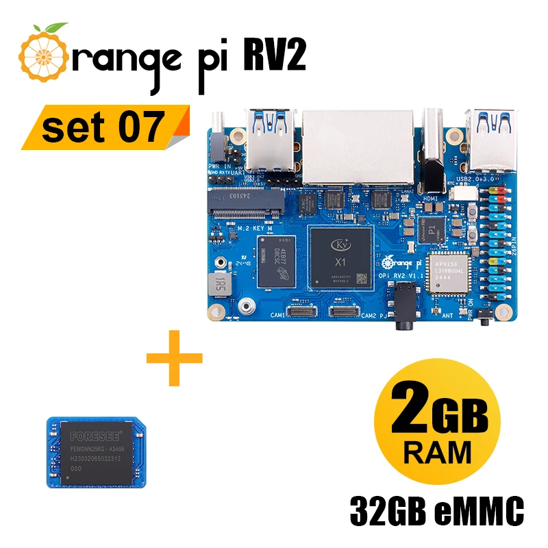 Orange Pi RV2 2GB LPDRR4X Single Board Computer+32GB eMMC Module 2pcs Sets , 8 Core RISC-V 2 TOPS AI CPU Development Board