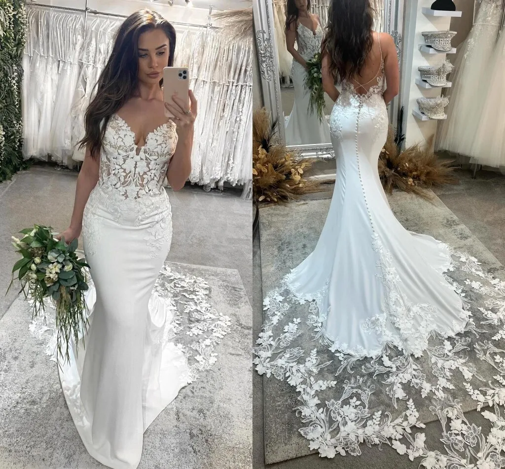 

Сексуальное платье русалки с открытой спиной и длинным хвостом на тонких бретельках без рукавов, расшитое блестками кружево, летние свадебные платья, свадебные платья BC19583