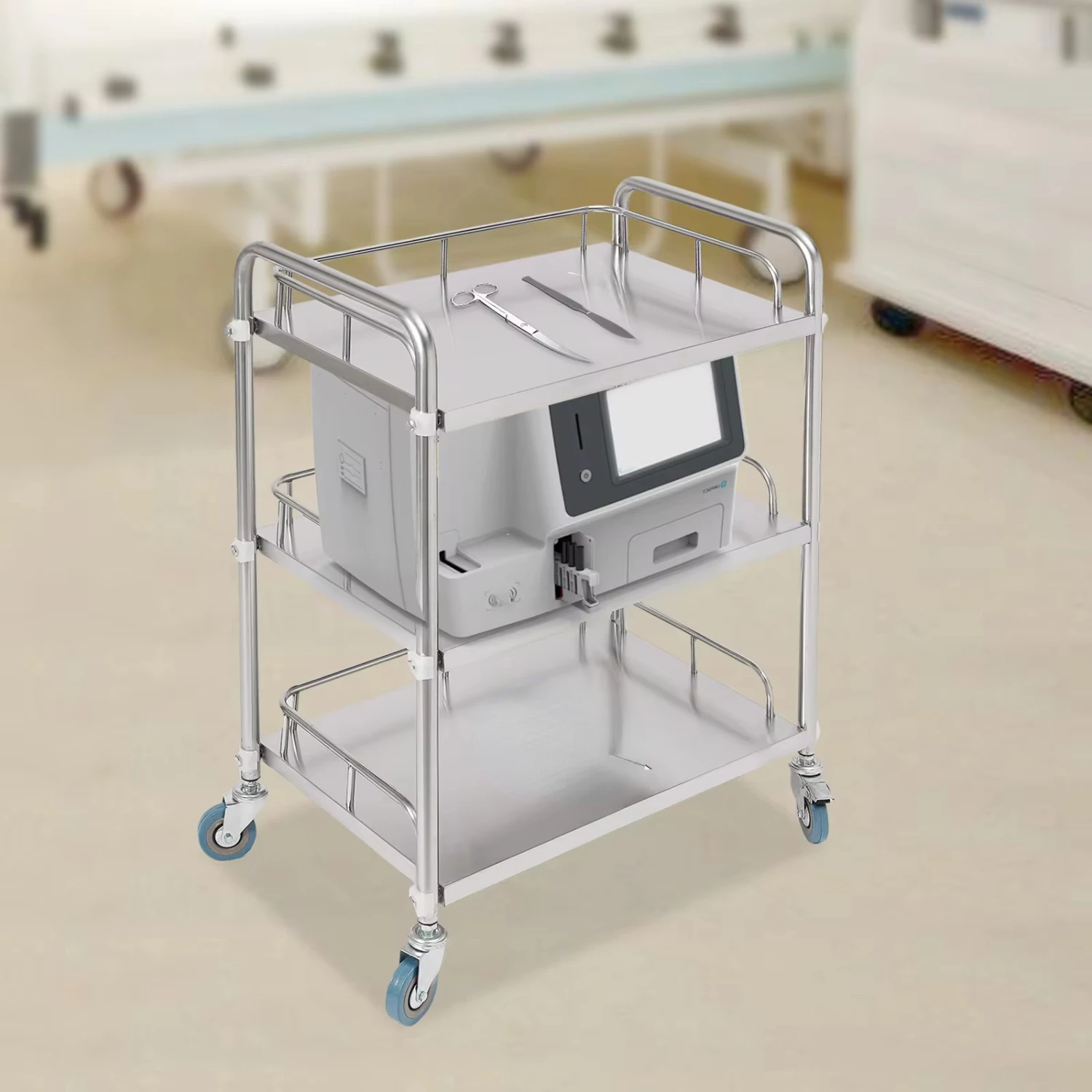 

3 Tires Stainless Steel Cart with Raised Guardrail and Wheels Sturdy and Durable Kitchens Living Rooms Bathrooms Offices