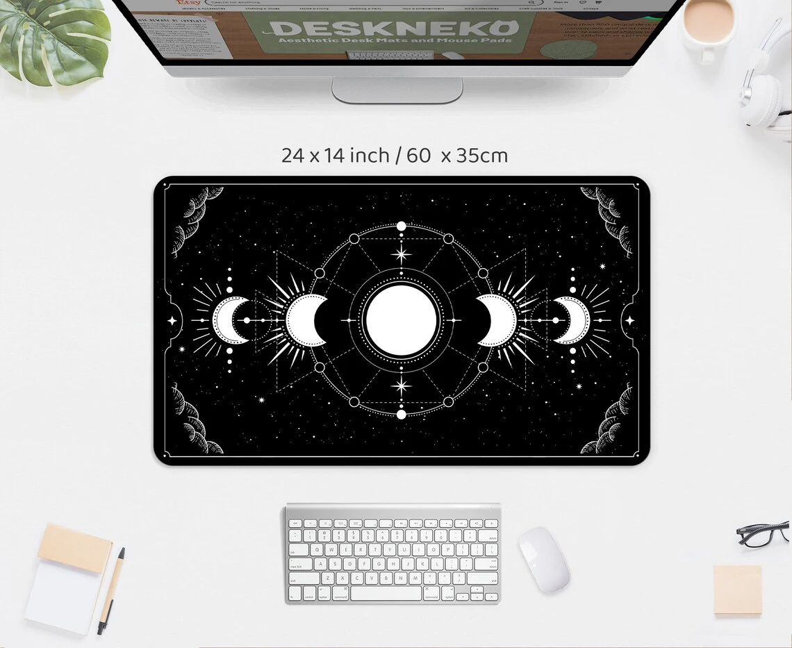 Large Grey Deskmat XXL Gaming Tarot Astrology Aesthetic Black White Desk Mat Celestial Moon Phases Mousepad Witchy Mouse Pad