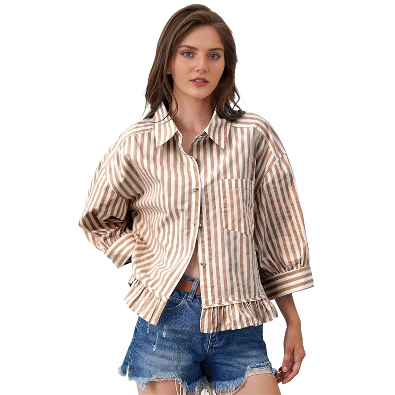 【SEE】Mulher manga 3/4 listrada botão para baixo camisa solta ajuste ombro caído na moda babado bainha blusas listradas topo