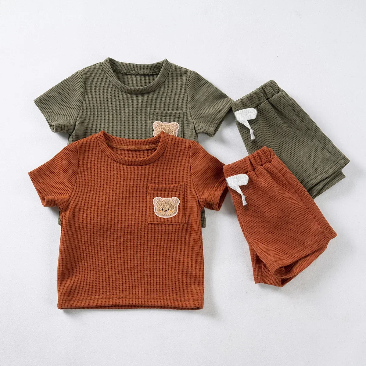 Summer Cute Little Bear Pocket Short Sleeved Shorts Two-piece Set Casual Suit for Boys Clothing Kids Clothes