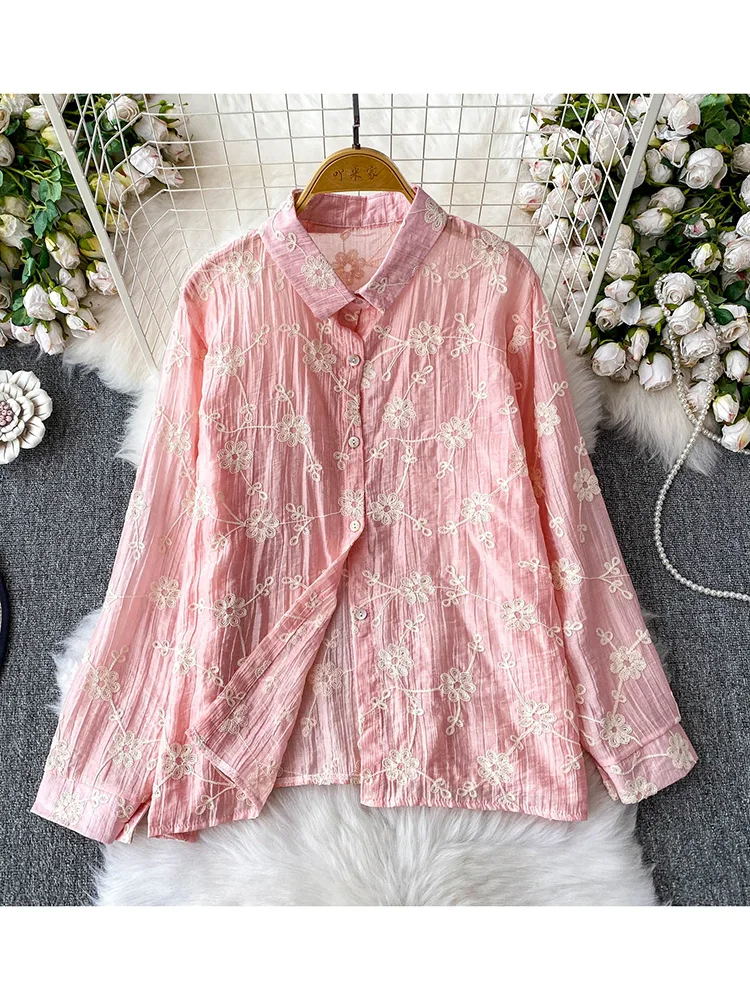 

Women's Spring Shirt Korean Version Gentle Style Pink Embroidered Lapel Casual Commute Long Sleeved Loose Shirt Top BL207