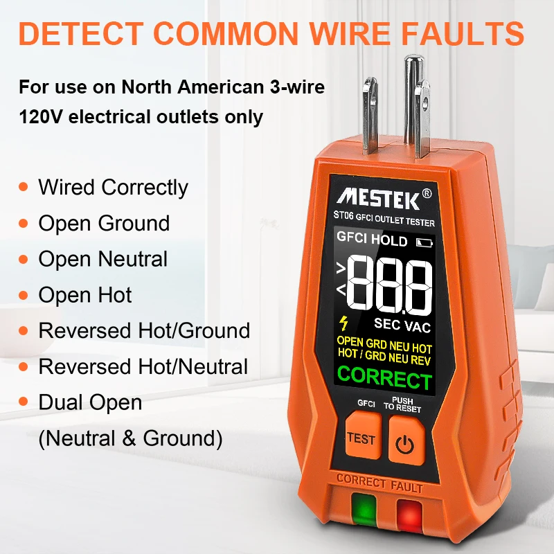 Imagem -06 - Gfci Test Circuit Breaker Eua Plug Tomada Tester Vivo Fio Neutro Soquete Detector 120v Eua Plug St06