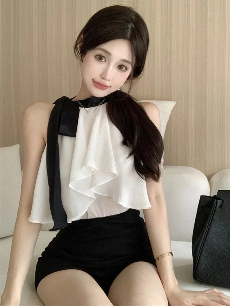 

Блузка женская в корейском стиле с круглым вырезом на шнуровке и бантом, рубашки без рукавов, модный универсальный укороченный топ с открытыми плечами, Blusas De Mujer