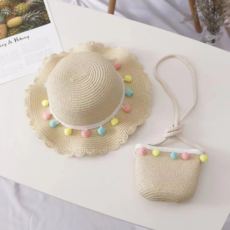 Chapeau de paille tissé pour enfants, protection solaire, ombrage, mignon, petite boule colorée, sac à documents solide, cool, été, plage, mode