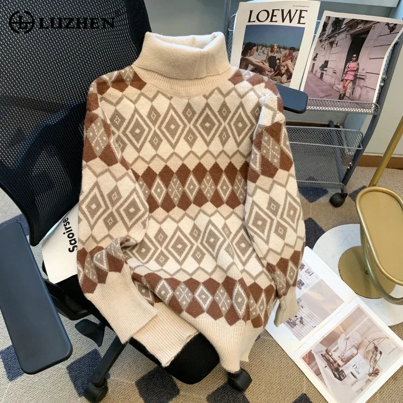 LUZHEN Geometric Pattern Fashion Temperament Knitted Turtleneck Women's 2024 New Luxury Long Sleeve Casual Sweater Tops AA2337