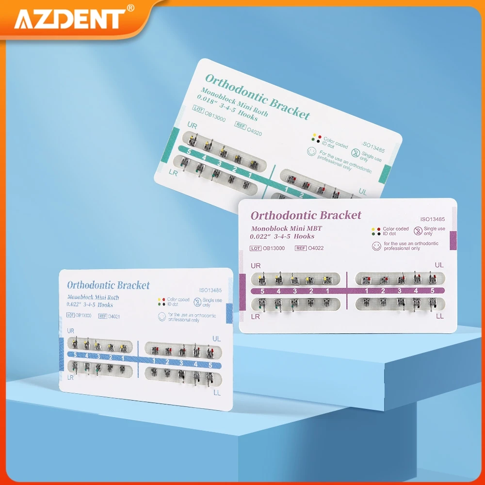 20pcs/Pack Dental Orthodontic Brackets AZDENT MIM Monoblock Braces Mini Roth/MBT 0.022/0.018 with 3-4-5 Hooks