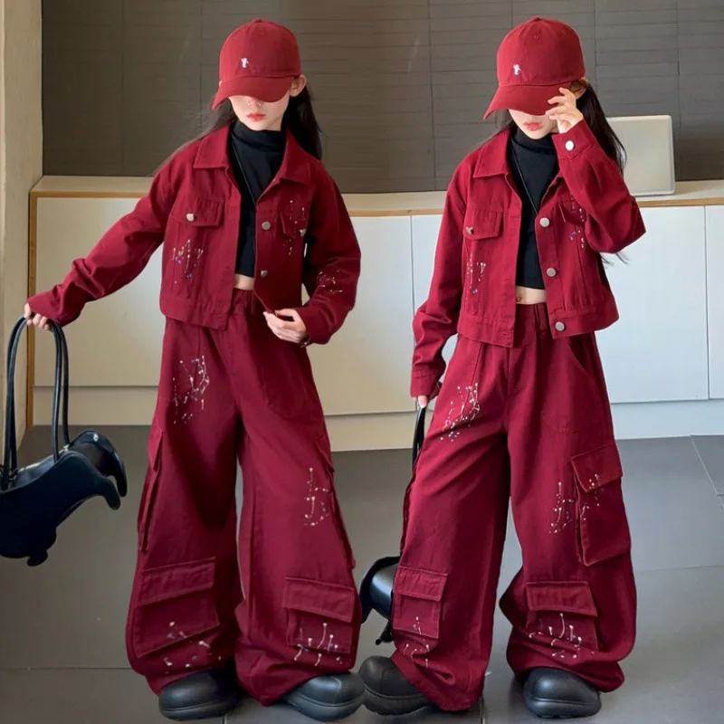 Spring and Autumn Girls' Denim Set Big Kids New Streetwear Outfit Ink-splashed Children's Trendy Jacket + Work Pants 2pcs Suits