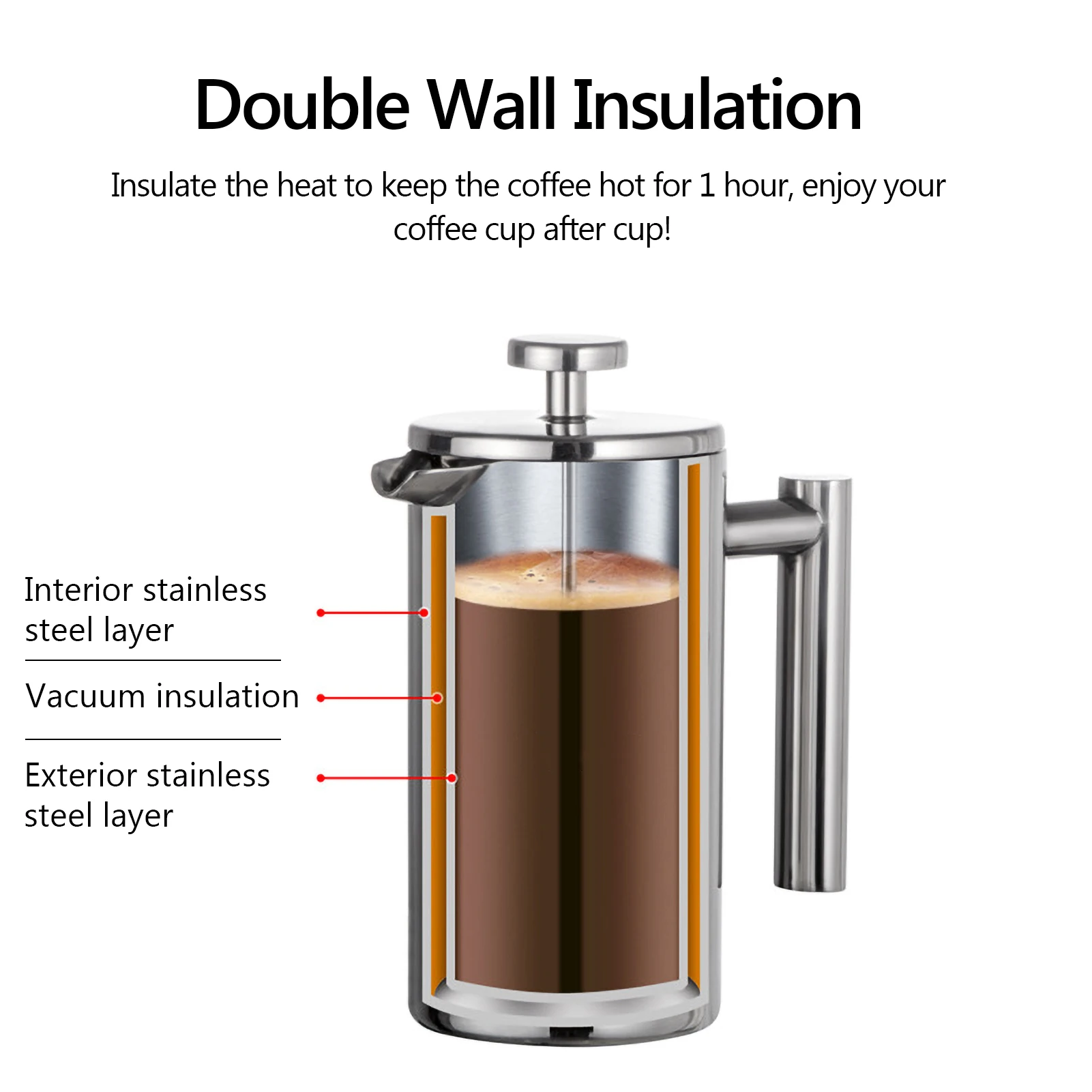 350Ml/800Ml/1000Ml Koffiezetapparaat Franse Pers Koffiezetapparaat Roestvrij Staal Dubbelwandige Geïsoleerde Koffiezetmachine Pot