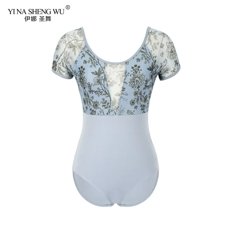 

Оптовая продажа, женский балетный трико с коротким рукавом, сетчатый трико на бретелях для балета, танцев, гимнастики, боди с цветочным принтом, темно-синий