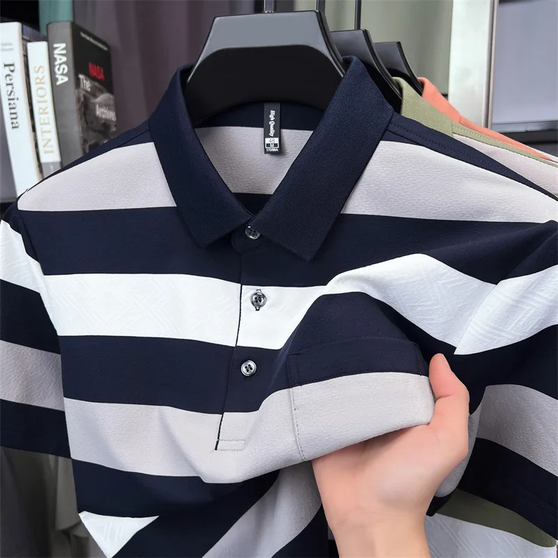High quality pocket men's short sleeve polo shirt fashion striped color blocked luxury summer new item casual breathable T-shirt