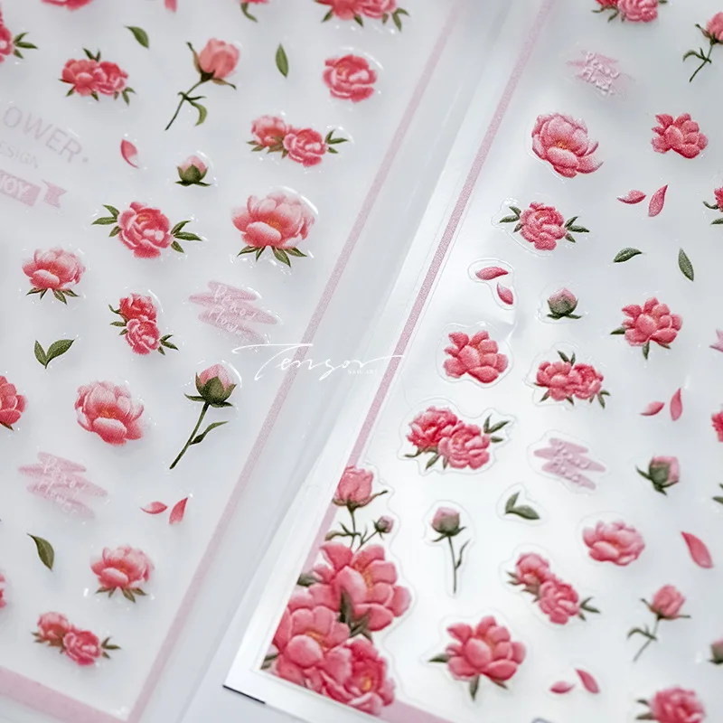 Pink Peony Flowers 5D Soft Embossed Reliefs Self Adhesive Nail Art Stickers White Green Jasmine 3D Manicure Decals Wholesale