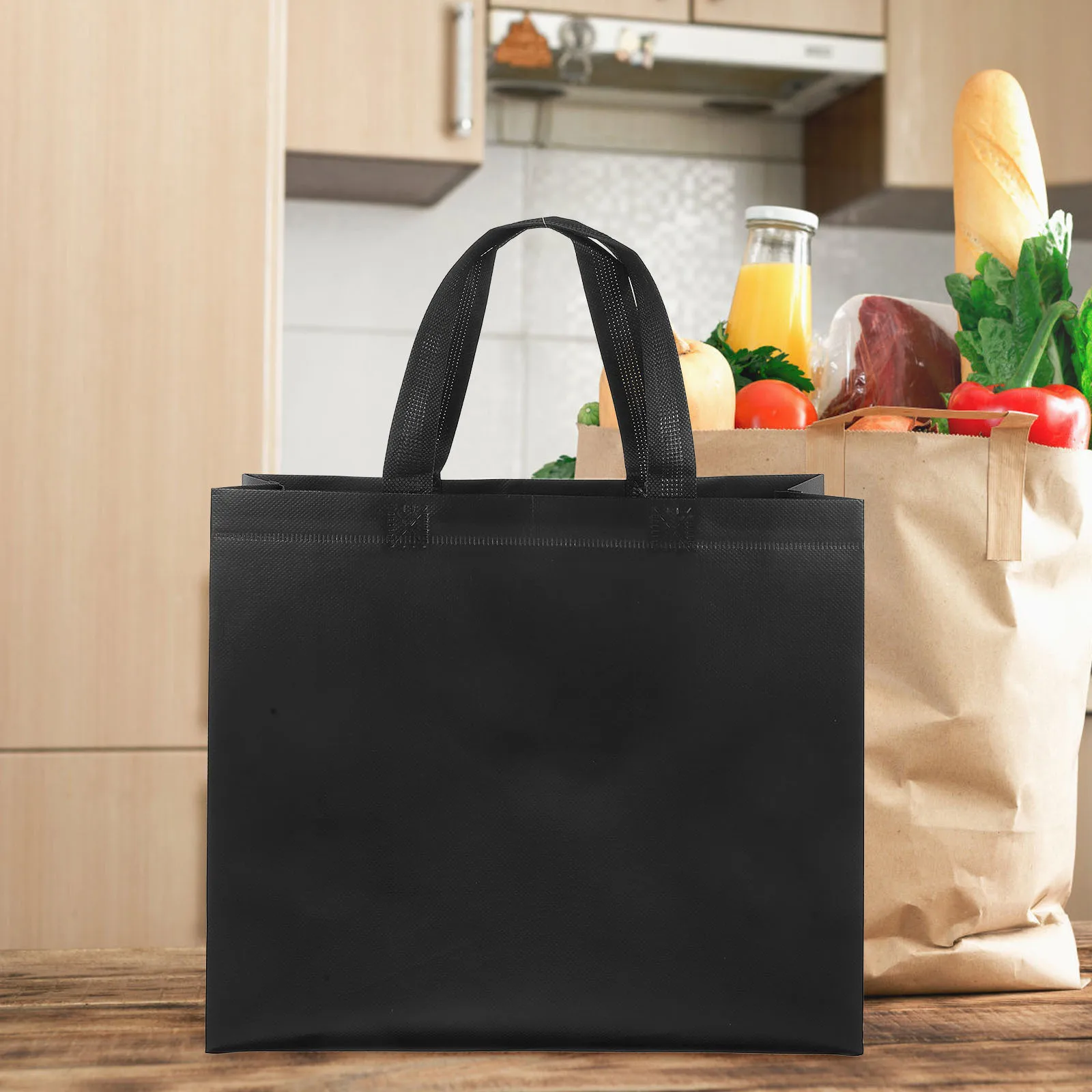 

25Pcs Non-Woven Reusable Tote Bags Shopping Handbag Portable Lightweight Home Outdoor Carry Bag Black Reusable Bags