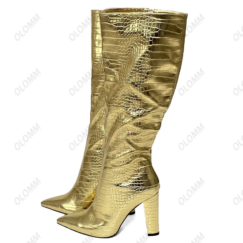 

Olomm Женские зимние сапоги до колена на заказ, черные вечерние туфли на каблуке с острым носком, женские большие размеры США 5-15