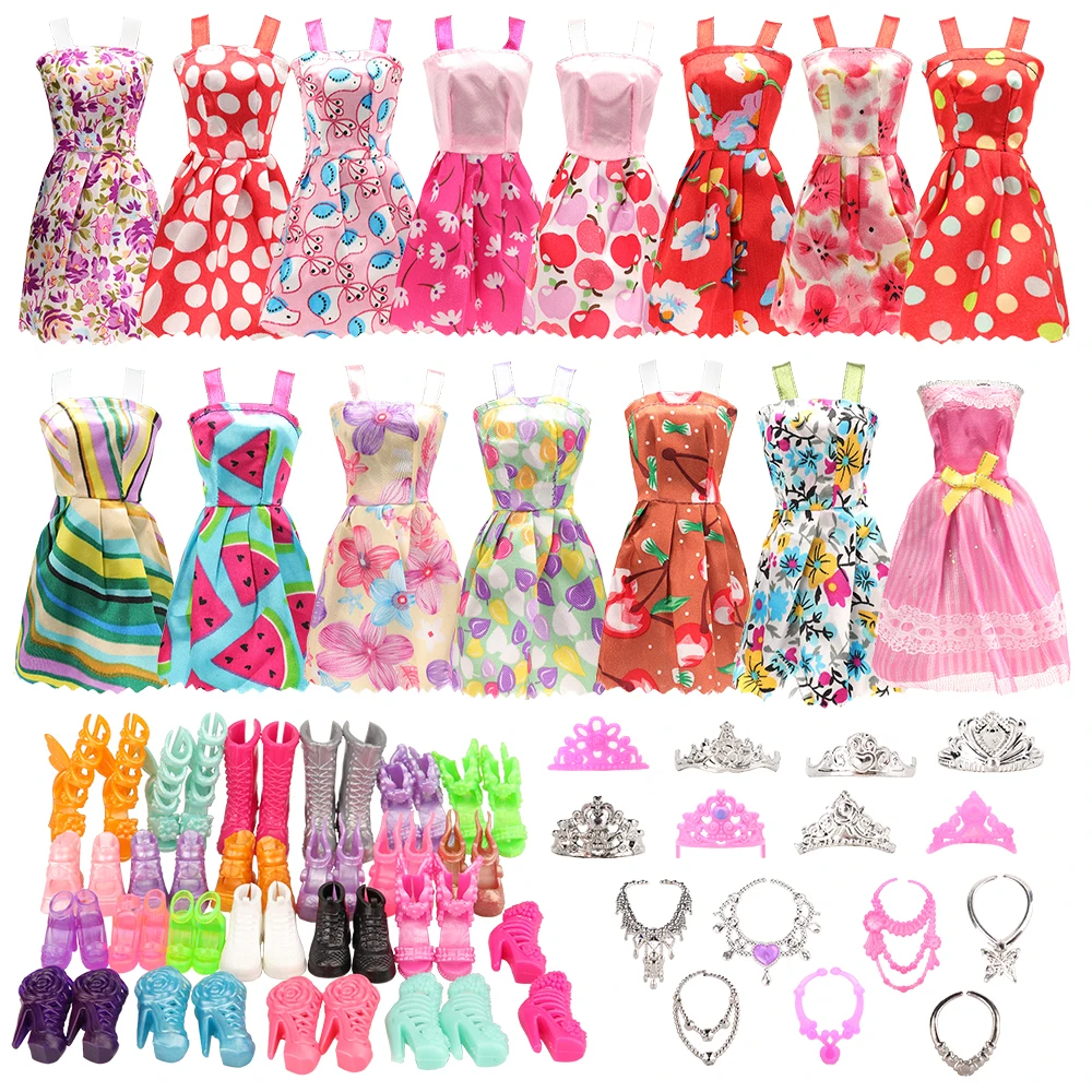 32 Pcs/set Fashion Doll Clothes and Accessories =10 Dress +10 Shoes +6 Crown +6 Necklace for Doll 11.5 inch Doll Kids Toys