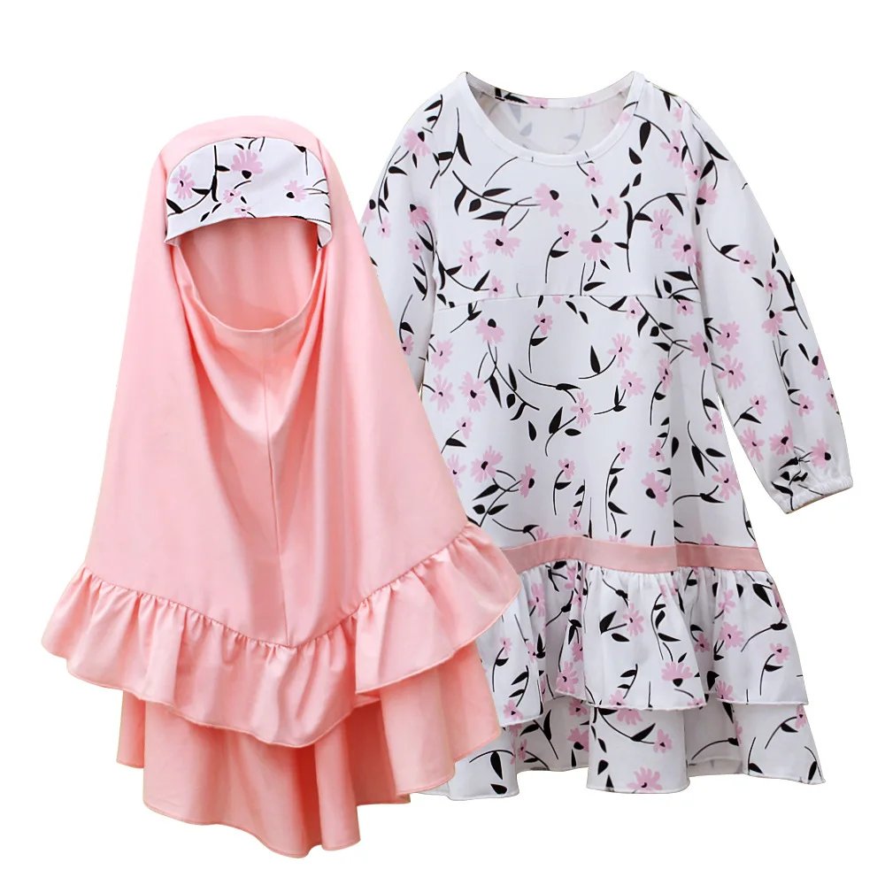 Eid Ramadan Muslim Kids Girls Prayer Dress 2PCS Set Hijab Abaya Turkey Kaftan Arabic Robe Headscarf Khimar Jalabiya Gown Burqa