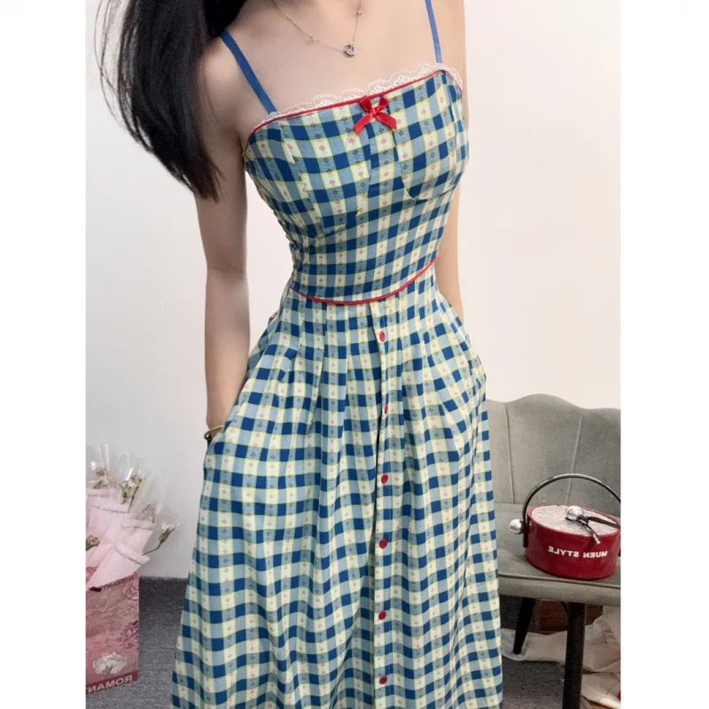 

Новое летнее винтажное платье-камизол в клетку с кружевной отделкой для миниатюрных женщин, стройнящее платье с квадратным вырезом во французском стиле для женщин на лето