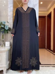 2022African Dresses for Women Autumn  Long Sleeve Black V-neck Long Abaya African Robes Ramadan Prayer Diamonds Islamic Clothes