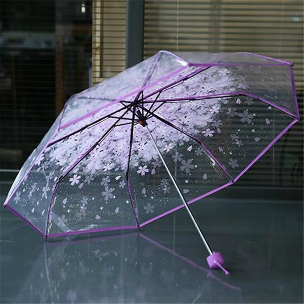 Manual  Women\'s Transparent Clear Flowers Umbrella Anti-UV Sun Umbrella Cherry Blossom 3 Folding Umbrellas Rain Gear Parasol