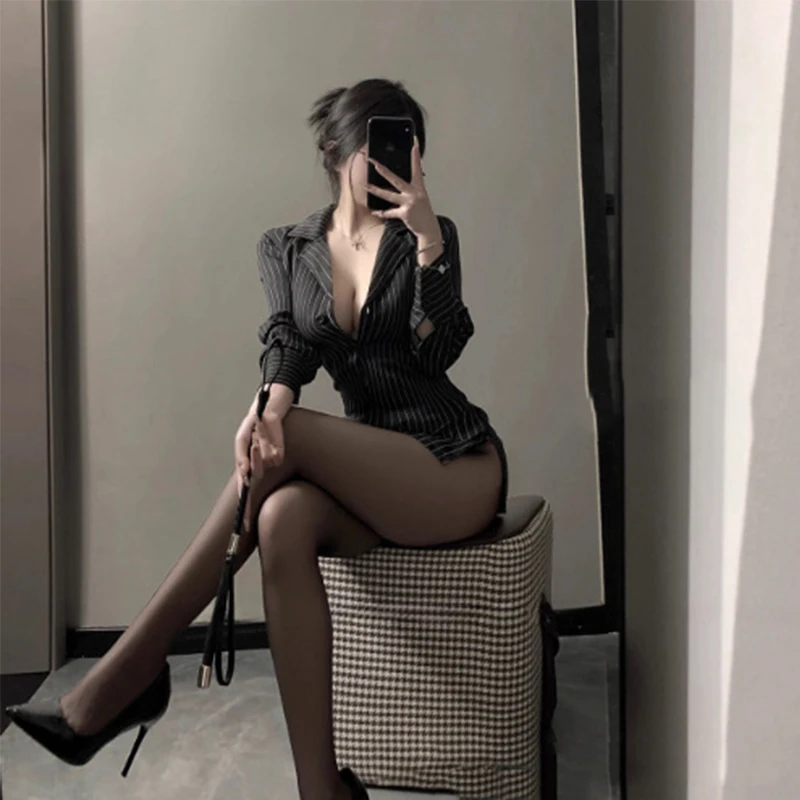 

OL Secretary Office Lady Cosplay Open Bra Role Play Lingerie Costumes Sexy Striped Shirt Office Lady Roleplay Uniform Shirt