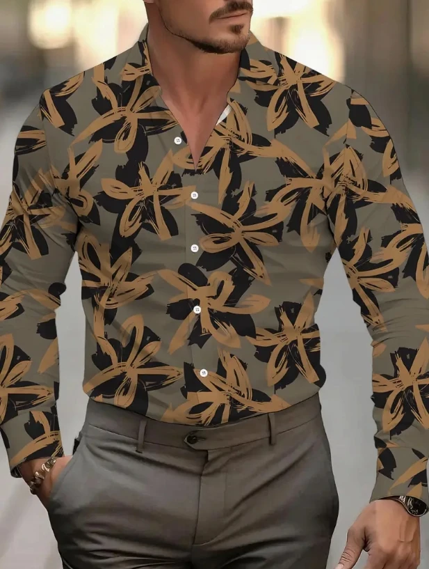Men's Abstract Digital Print Casual Shirt - Red Blue White Modern Art-Inspired Long Sleeve Button-Up,