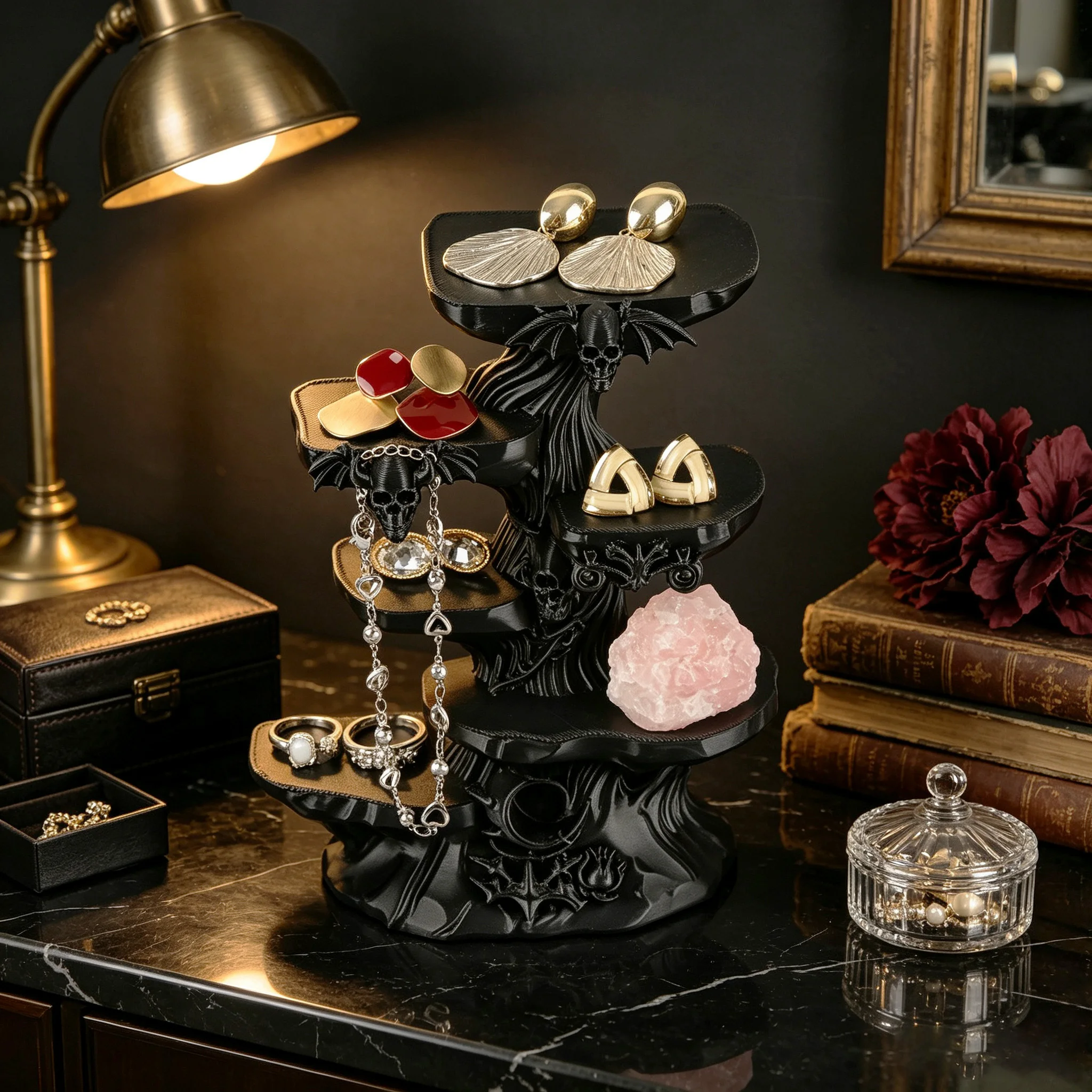 Cross‑border Gothic Skull Bat Multi‑Tier Jewelry Stand, Dark Style Tree Stump Desktop Earring Necklace Storage Display Rack