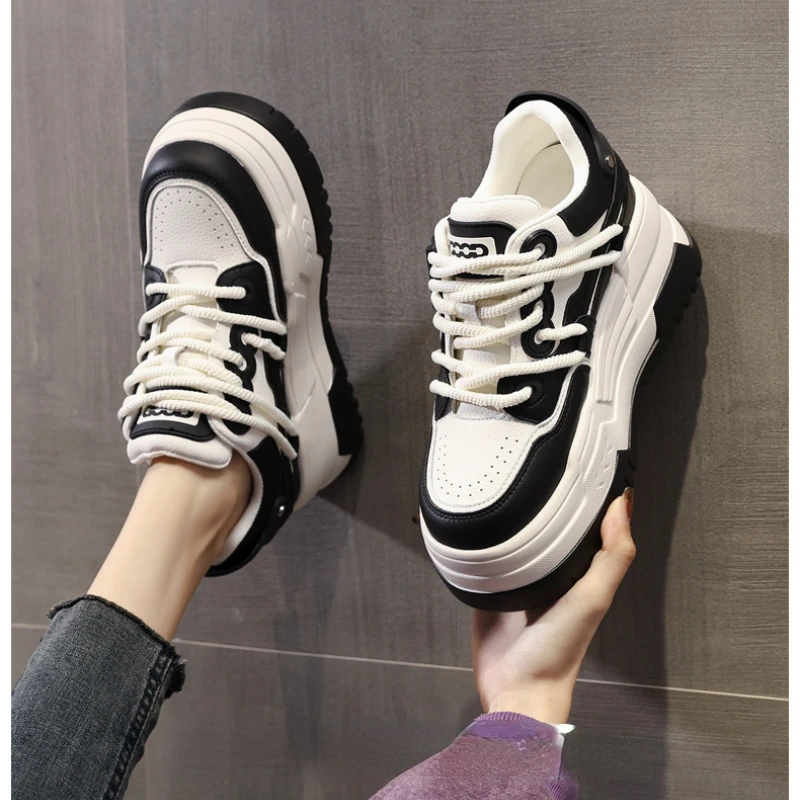 Fujin 8.5cm Cow Genuine Leather Women Ins Skate Boarding High Brand Heels Vulcanized Shoes Platform Wedge Casual Stable Shoes