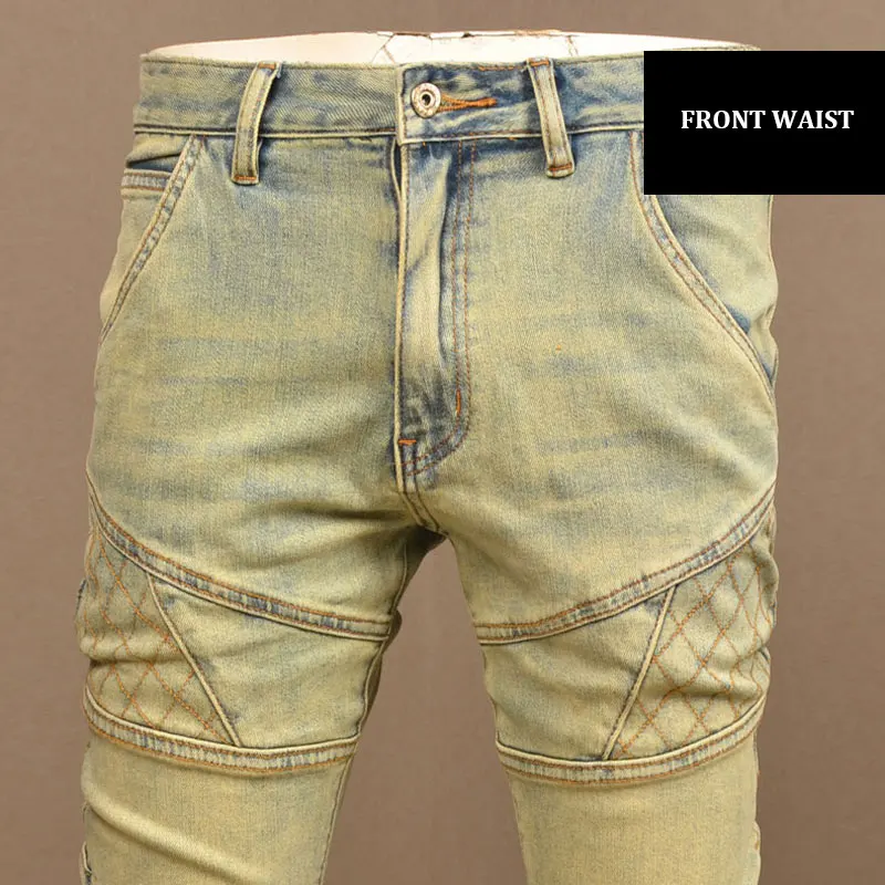 Calça jeans retrô lavada para motociclista masculina, elástica, ajuste magro, jeans rasgado, estilista emendado, hip hop, moda de rua