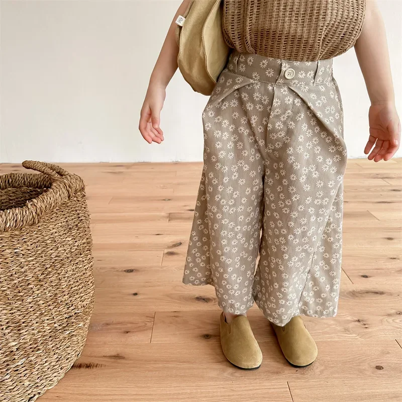 

Baby Kids Hemp Cotton Flower Pocket Trousers Japanese Korean Fashion Children's Clothing 2025 Summer Girls' Mosquito Proof Pants
